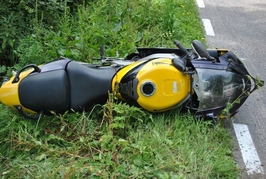 Augustów. Wypadek motocyklisty. Bocian padł po zderzeniu z kaskiem (zdjęcia)