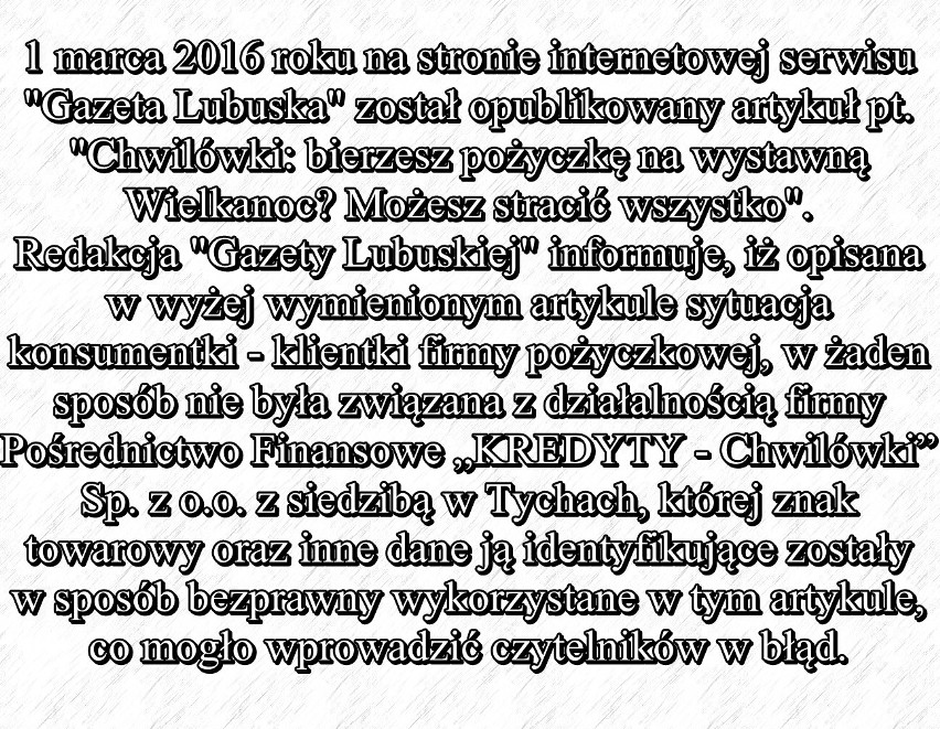 Sprostowanie: "Chwilówki: bierzesz pożyczkę na wystawną Wielkanoc? Możesz stracić wszystko"