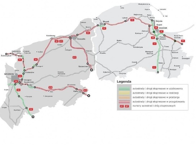Planowany przebieg trasy S 6 oraz inne trasy na Pomorzu.