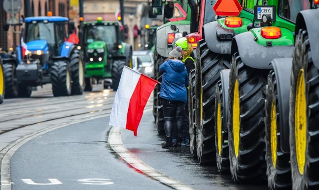 Rolnicy przemieszczają się w kolumnie, blokując drogę pozostałym kierowcom