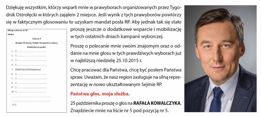 Prawybory 2015 okręg siedlecki: Rafał Kowalczyk z trzecim miejscem 