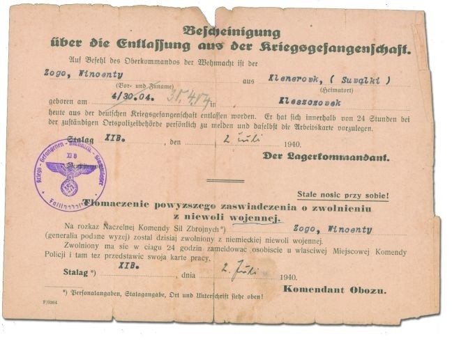 Stalag Fallingbostel, 1940 rok. Dokument potwierdzający...
