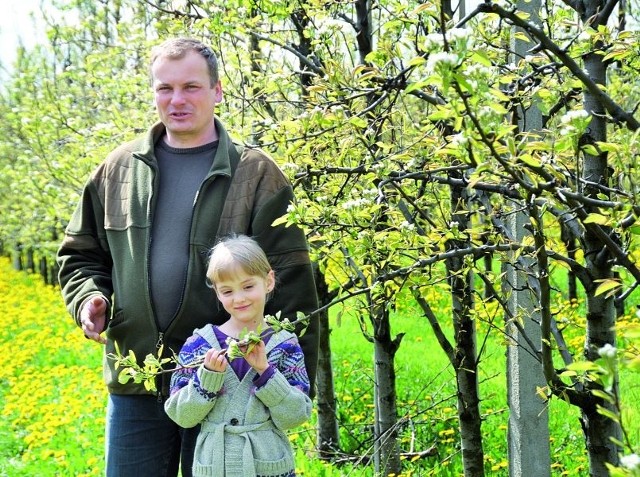 Karol Choiński (na zdjęciu z córką), sadownik z podbiałostockich Krupnik, bardzo obawia się przymrozków. Twierdzi, że mróz minus sześć stopni Celsjusza niszczy nawet pąki.