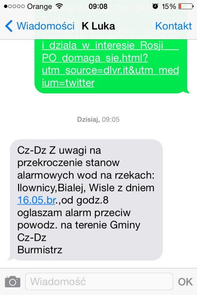 SMS z systemu wczesnego ostrzegania