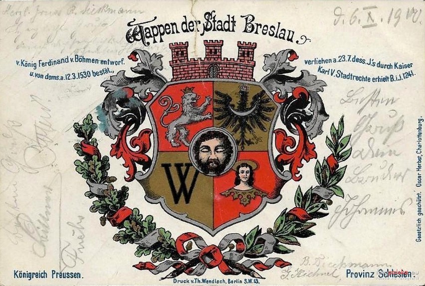 Herb Wrocławia na pocztówce wysłanej w 1900 r.