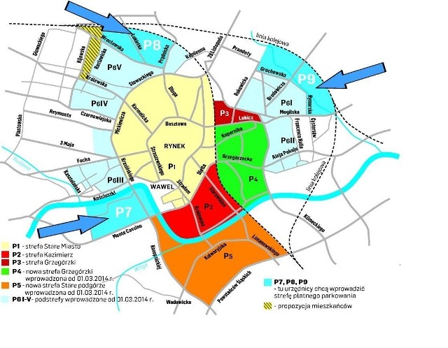 Plany urzędników są takie, by strefa płatnego parkowania powiększyła się w  trzech obszarach (wskazują je strzałki)