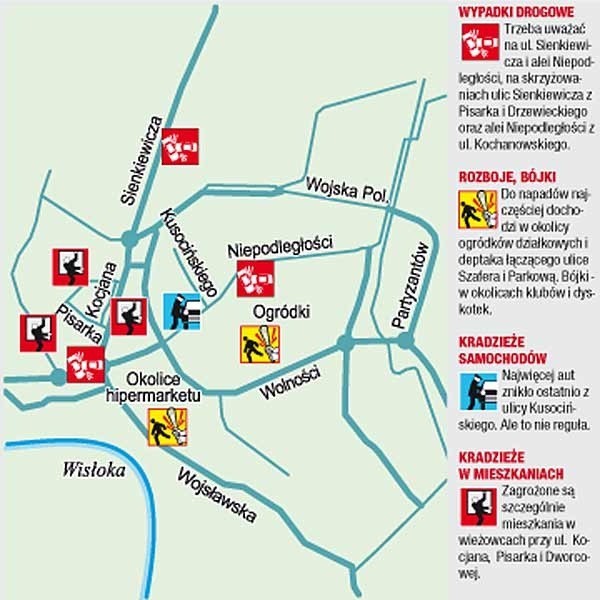 Do napadów najczęściej dochodzi w okolicy ogródków działkowych i deptaka łączącego ulice Szafera i Parkową. Bójki - w okolicach klubów i dyskotek.