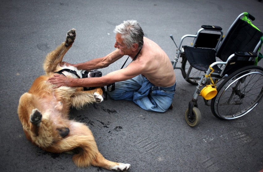 Niepełnosprawny bawi się z psem.