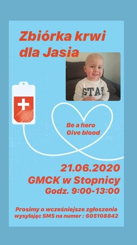 Stopnica: 21 czerwca odbędzie się zbiórka krwi dla malutkiego Jasia Bahyrycza. Chłopiec ma 2,5 roczku, walczy z nowotworem