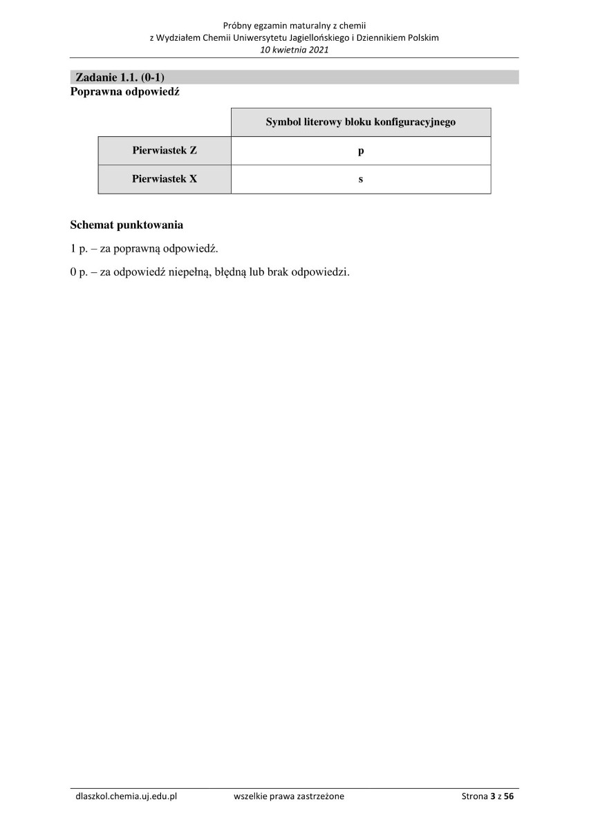 Próbna matura z chemii 2021  - klucz odpowiedzi