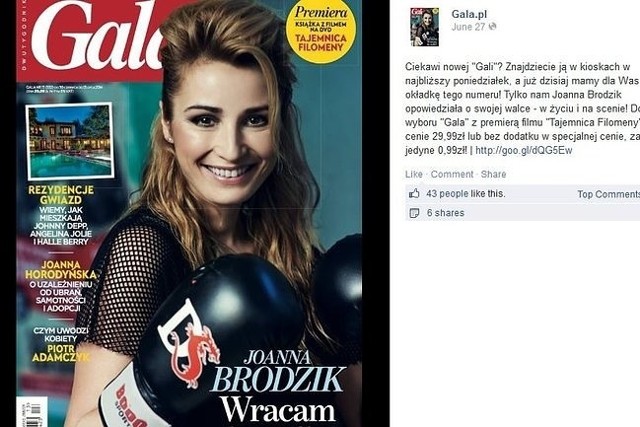 Joanna Brodzik na okładce "Gali" (fot. screen z Facebook.com)