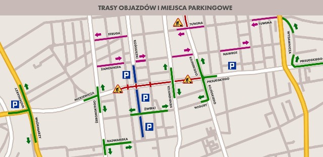 Kolorem fioletowym zaznaczone są ulice jednokierunkowe, a na zielono dwukierunkowe