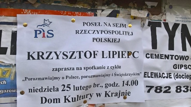 To jeden z rozwieszonych ostatnio w gminie Górno plakatów informujących o spotkaniu z mieszkańcami świętokrzyskiego posła Prawa i Sprawiedliwości.