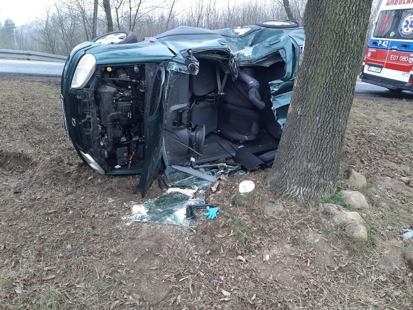 Poważny wypadek w Dąbrowie Mszadelskiej - auto wypadło z drogi i uderzyło w drzewo