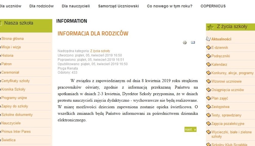 Informacja ze szkoły podstawowej nr 4