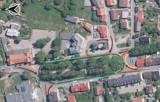 Schemat kierunków ruchu na przedmiotowych ulicach. Strzałki w kolorze zielonym wskazują kierunki z pierwszeństwem, strzałki w kolorze czerwonym – kierunki podporządkowane.