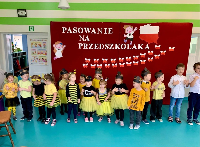 Pasowanie na Przedszkolaka w Działoszycach, grupa Pszczółki.