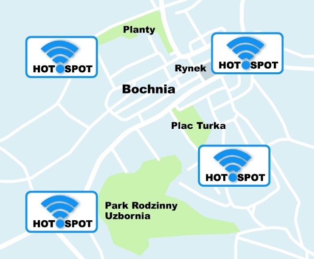 To w tych miejscach w Bochni obecnie każdy może serfować w sieci za darmo. Mieszkańcom marzy się, że punktów przybędzie, bo jak mówią, teraz niemal każdy ma w telefonie dostęp do WiFi