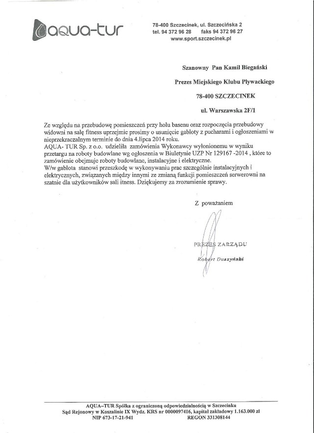 Pismo przesłane przez prezesa Aqua-Tur do MKP Szczecinek.