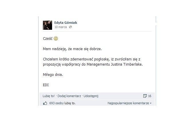 Oświadczenie Edyty Górniak (fot. screen z Facebook.com)