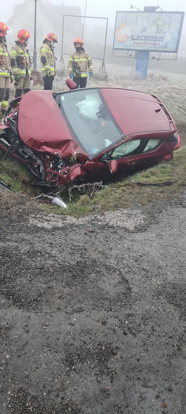 Wypadek w Widomej na drodze krajowej nr 7. Pojazd wylądował w rowie [ZDJĘCIA]