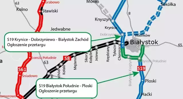 Zielonym kolorem zaznaczono przebieg południowo-zachodniej obwodnicy Białegostoku z odnogą wschodnią do Grab&oacute;wki
