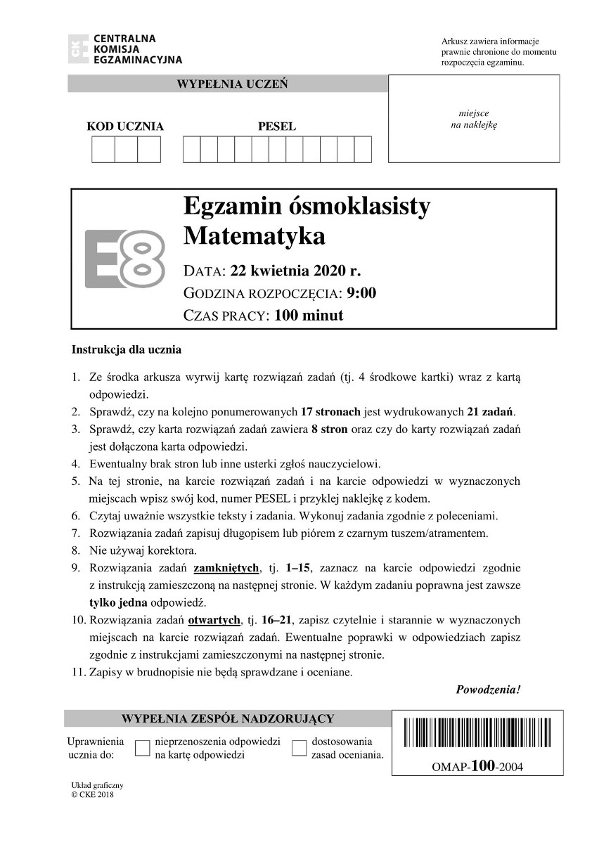 Egzamin ósmoklasisty MATEMATYKA 2020: odpowiedzi + arkusz...