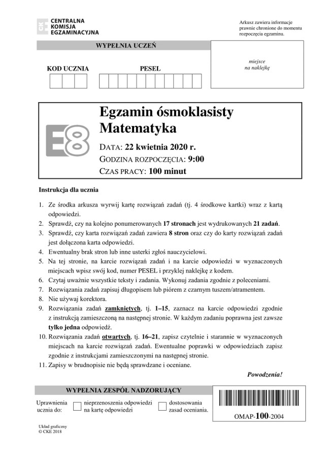 Egzamin ósmoklasisty MATEMATYKA 2020: odpowiedzi + arkusz CKE
