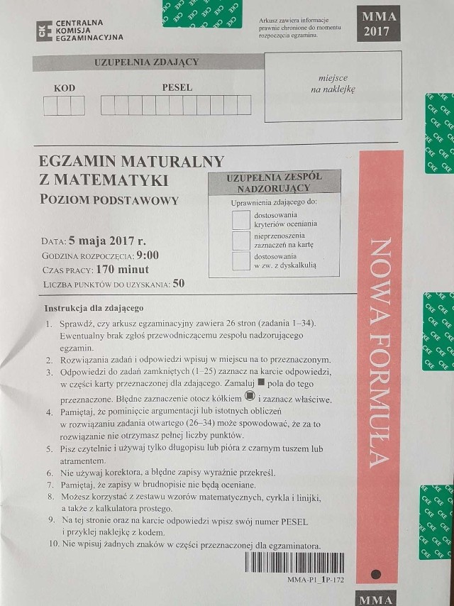 MATURA 2017 Matematyka Arkusz Pytan ODPOWIEDZI