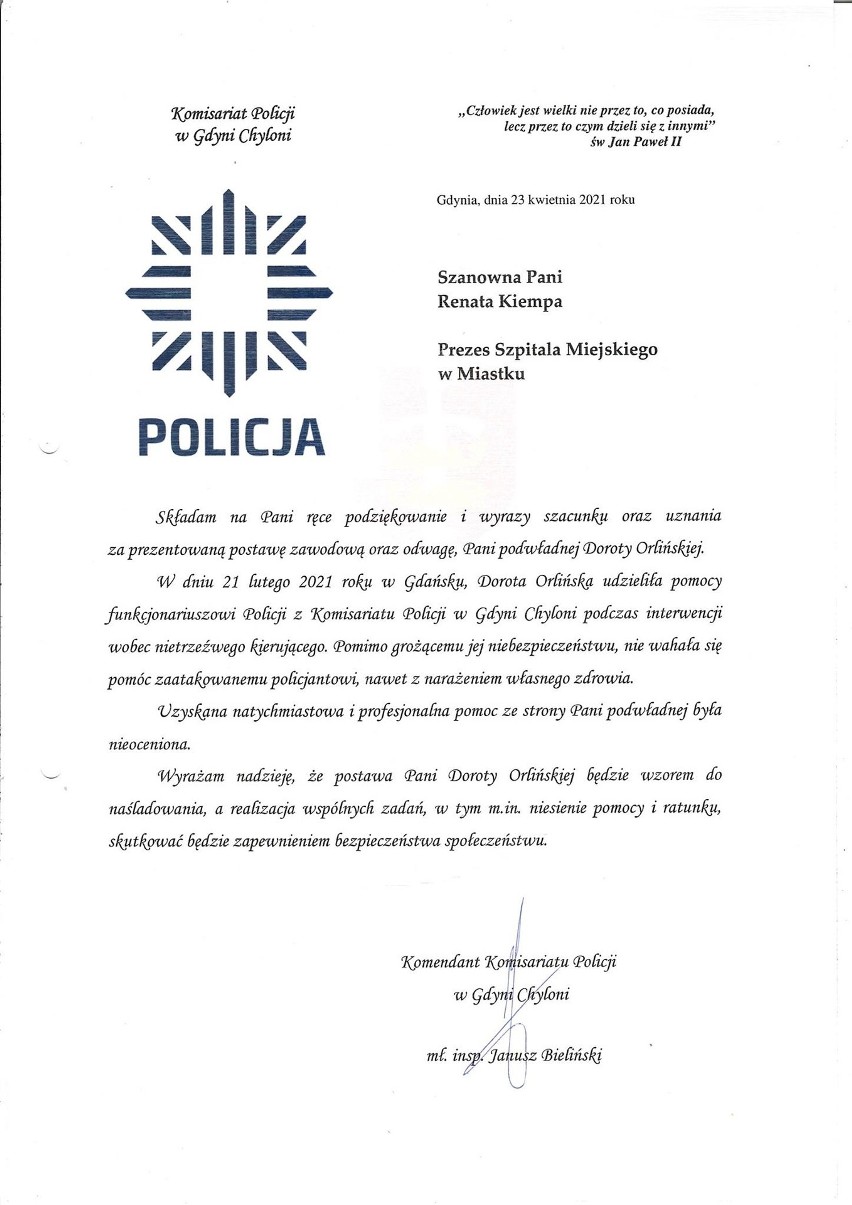 List od komendanta policji z Gdyni Chyloni