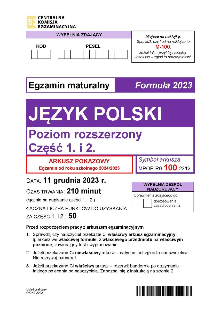 Arkusz pokazowy matury rozszerzonej z j. polskiego 2025