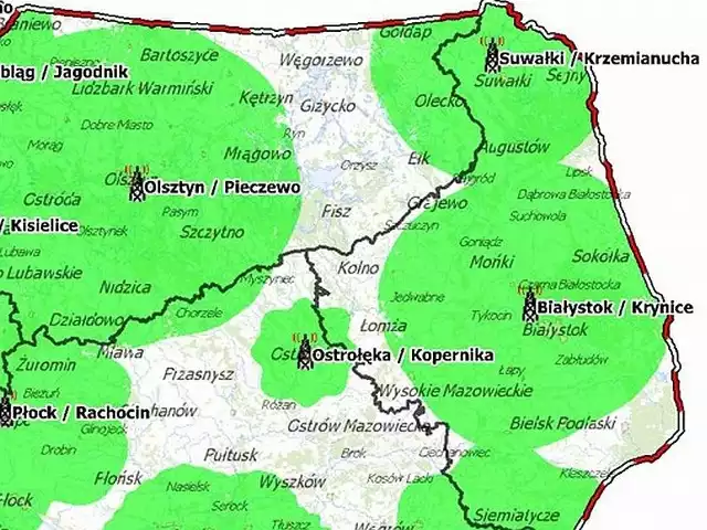 Tak obecnie wygląda mapa zasięgu nadajników cyfrowych w północno-wschodniej Polsce. Do połowy przyszłego roku białe plamy muszą zniknąć