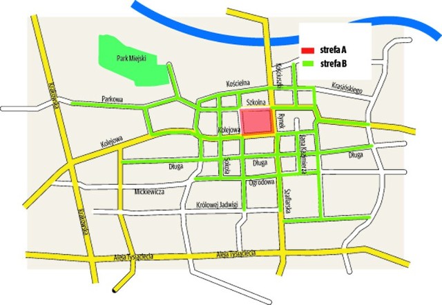 Tak wygląda strefa parkingowa w Nowym Targu. Podzielono ją na dwie podstrefy. Czerwona obejmie wyłącznie Rynek i będzie droższa. Pozostałe ulice z płatnym postojem zaznaczono na zielono