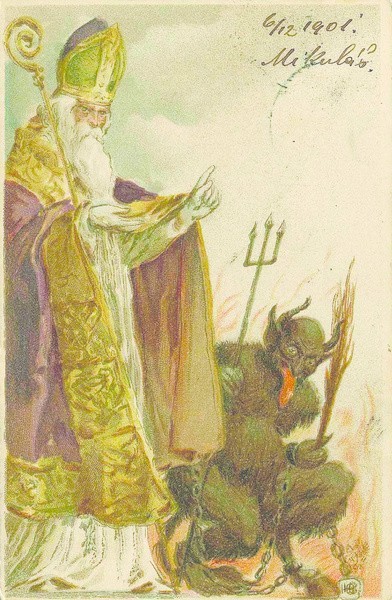 Krampus nie zawsze - jak na tej pocztówce - pokazywany jest jako diabeł, ale zawsze wygląda strasznie na tle dobrego św. Mikołaja.