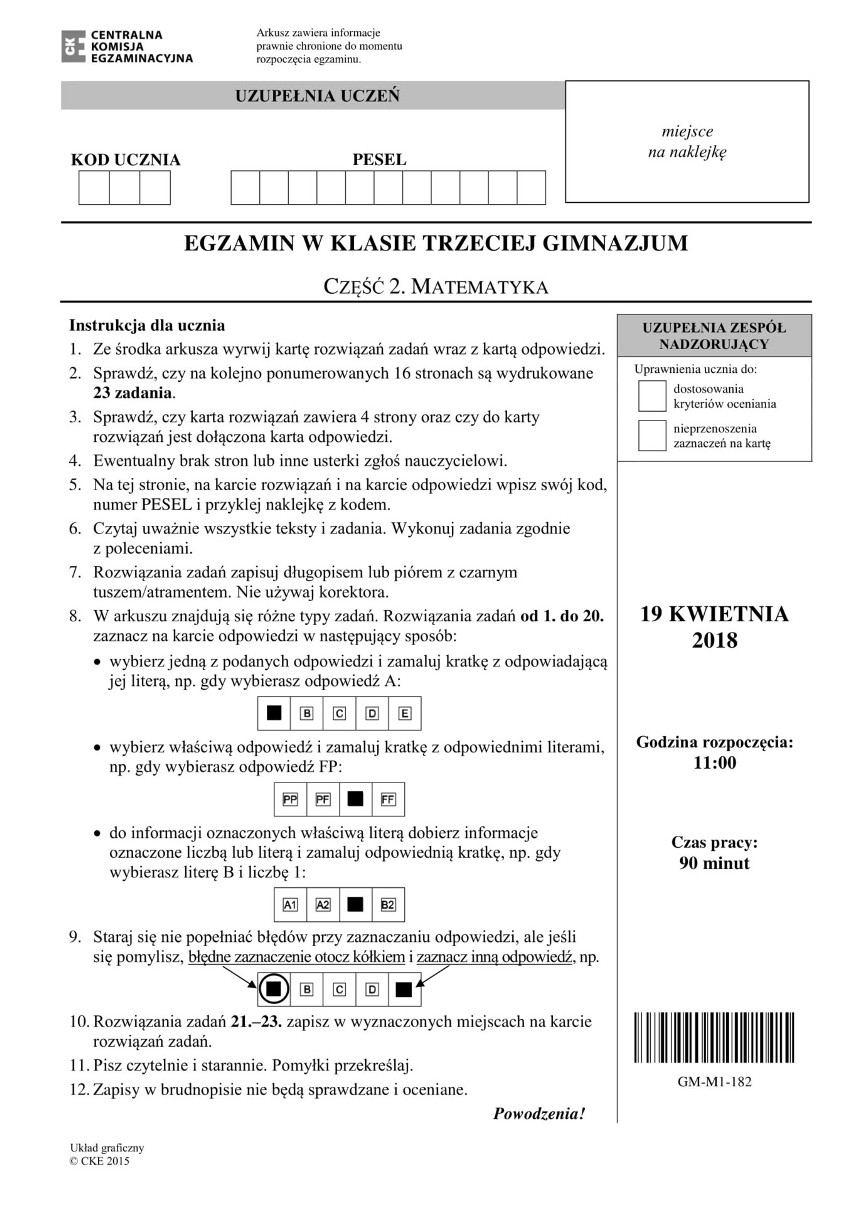 Egzamin Gimnazjalny 2018: Matematyka: zadania otwarte i graniastosłupy (ODPOWIEDZI, ROZWIĄZANIA, ARKUSZ CKE)