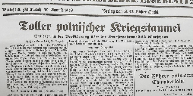 Niemiecka gazeta z 30 sierpnia 1939 pełna jest opisów okrucieństw Polaków względem mniejszości niemieckiejw Polsce.