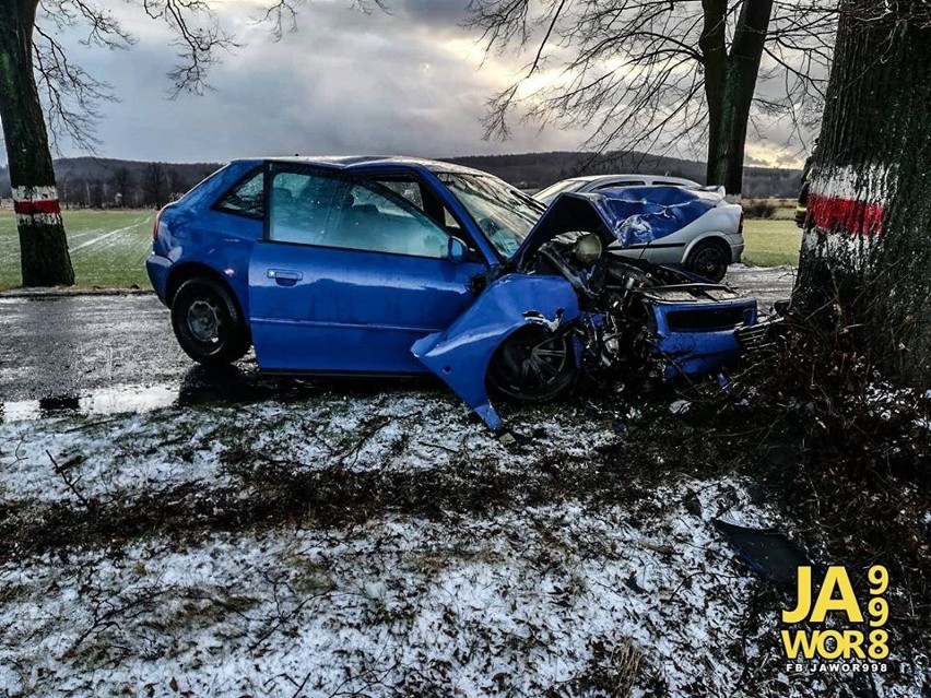 Audi rozbiło się na drzewie. Jedna osoba ranna