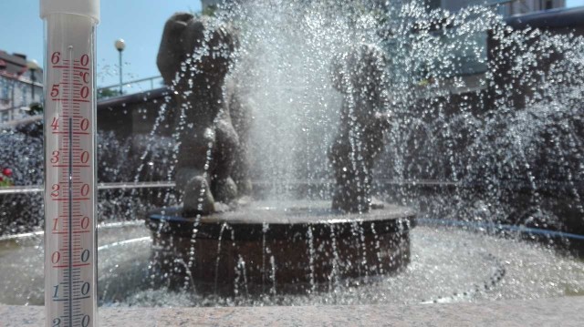 Bielsko-Biała, plac Chrobrego, tuż przy fontannie. Godz. 13. Temperatura sięga 45 st. Celsjusza w nasłonecznionym miejscu. Wybawieniem jest delikatny chłód bijący od tryskające fontanny