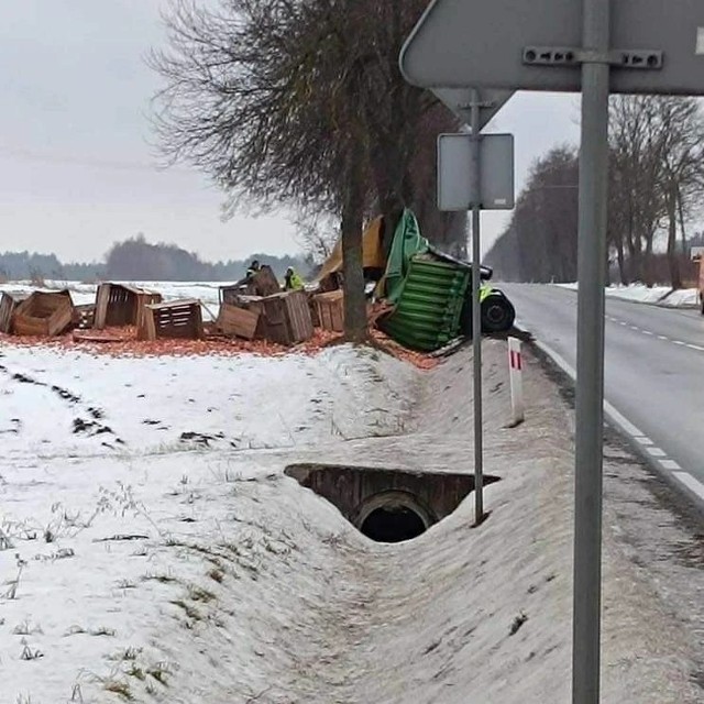 W miejscowości Wółka Lipowa w powiecie opatowskim ciężarówka przewożąca jabłka zjechała do rowu.