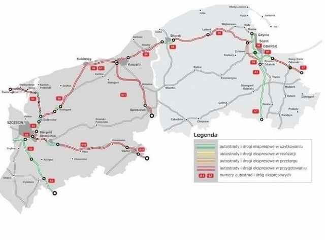 Planowany przebieg trasy S 6 oraz inne trasy na Pomorzu