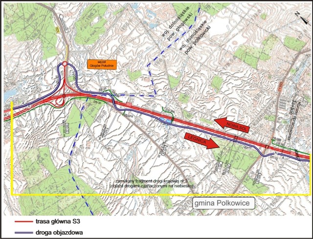 W związku z budową drogi ekspresowej S3 na odcinku od Polkowic do Nowej Soli, nastąpi zamknięcie fragmentu drogi nr 3 o długości ok. 4 km tuż za Polkowicami w kierunku Zielonej Góry, a ruch poprowadzony zostanie objazdem.
