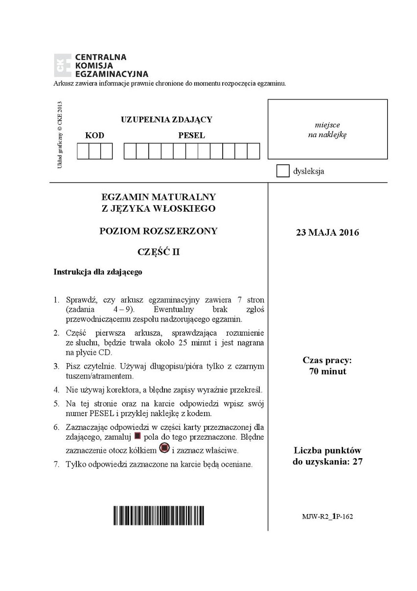 Stara matura 2016: Język włoski rozszerzenie [ARKUSZ CKE]