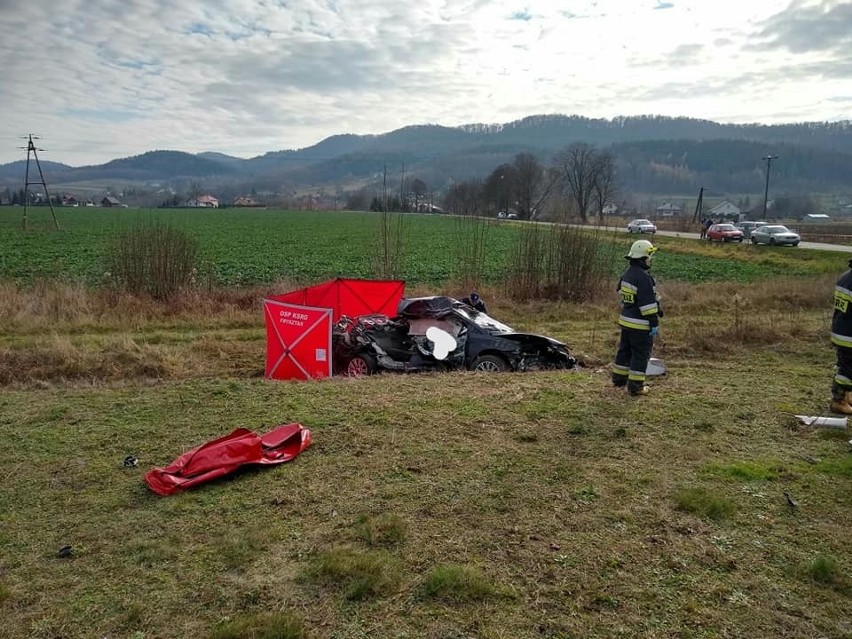 Zdjęcia z miejsca wypadku w Wiśniowej. Ford wjechał pod...