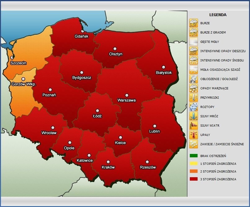 Mapa zagrożenia upałami w Polsce (źródło: www.meteoalarm.pl)