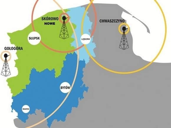 Zasięg telewizji cyfrowej w powiatach: bytowskim, lęborskim oraz słupskim.