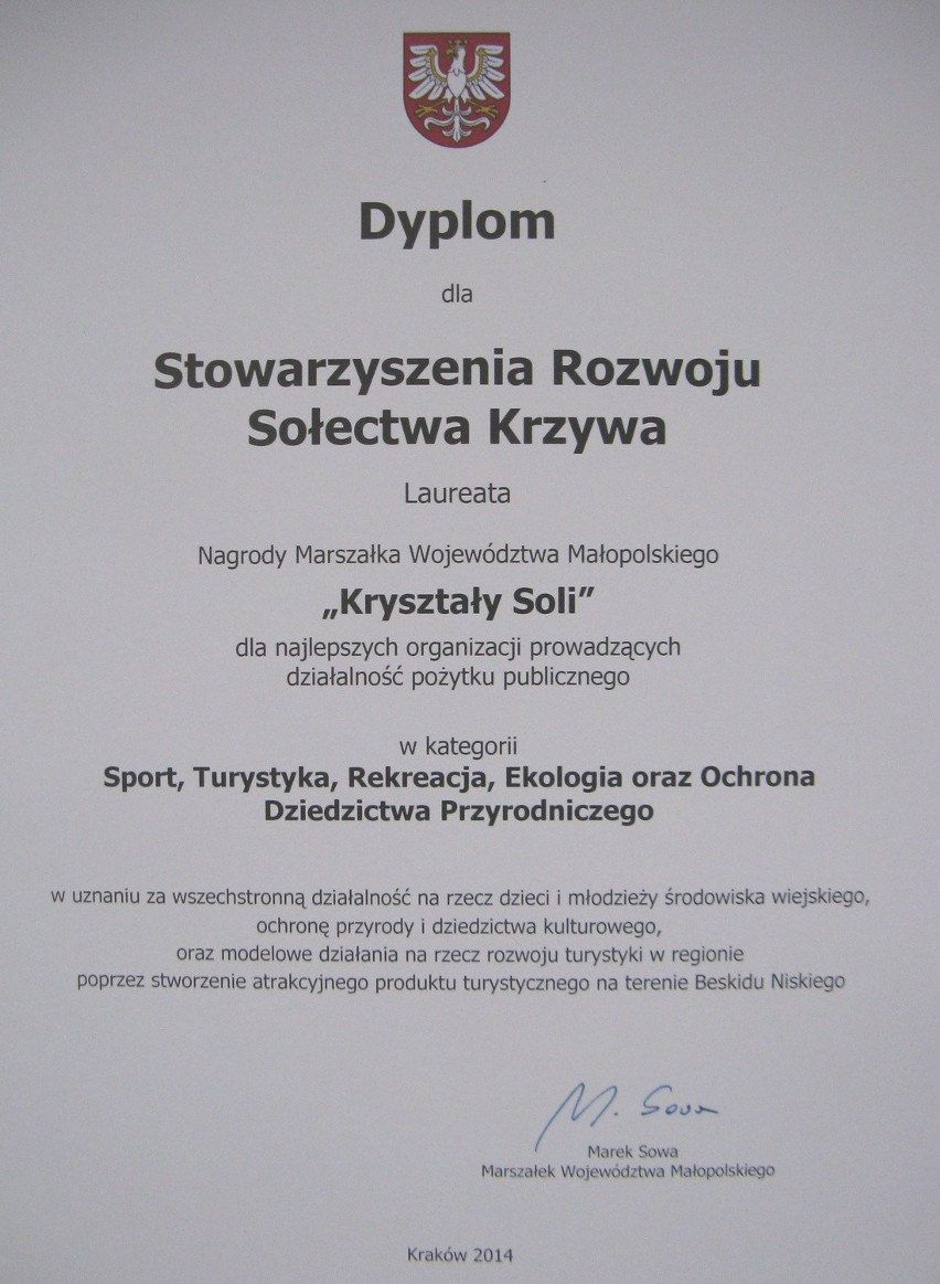 Stowarzyszenie Rozwoju Sołectwa Krzywa nagrodzone Kryształami Soli