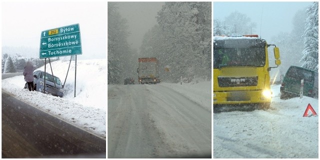 Od rana w naszym regionie pada gęsty śnieg. Warunki na drogach są bardzo trudne. W powiecie bytowskim kilka samochodów znalazło się w rowie. Problemy z podjazdem na wzniesieniach miały ciężarówki np. w Miastku.