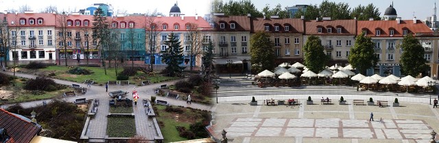 Rynek Kościuszki był zarośnięty i zaniedbany (z lewej). W 2010 roku to świetna sala koncertowa i przestrzeń miejska.