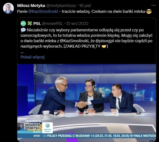 Miłosz Motyka, rzecznik prasowy PSL przypomniał Kazimierzowi Smolińskiemu, posłowi PiS, zakład z września 2022 roku o dwie ...bańki mleka. Panowie założyli się o to, kto będzie sprawował w Polsce władzę po wyborach parlamentarnych. 