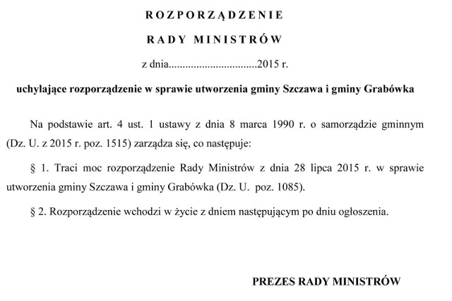 Projekt rozporządzenia Rady Ministrów uchylającego rozporządzenie w sprawie utworzenia gminy Szczawa i gminy Grabówka